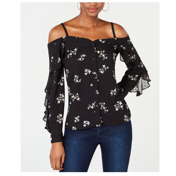 Bar III Floral Cold Shoulder Long Sleeve Blouse - Picture 1 of 8
